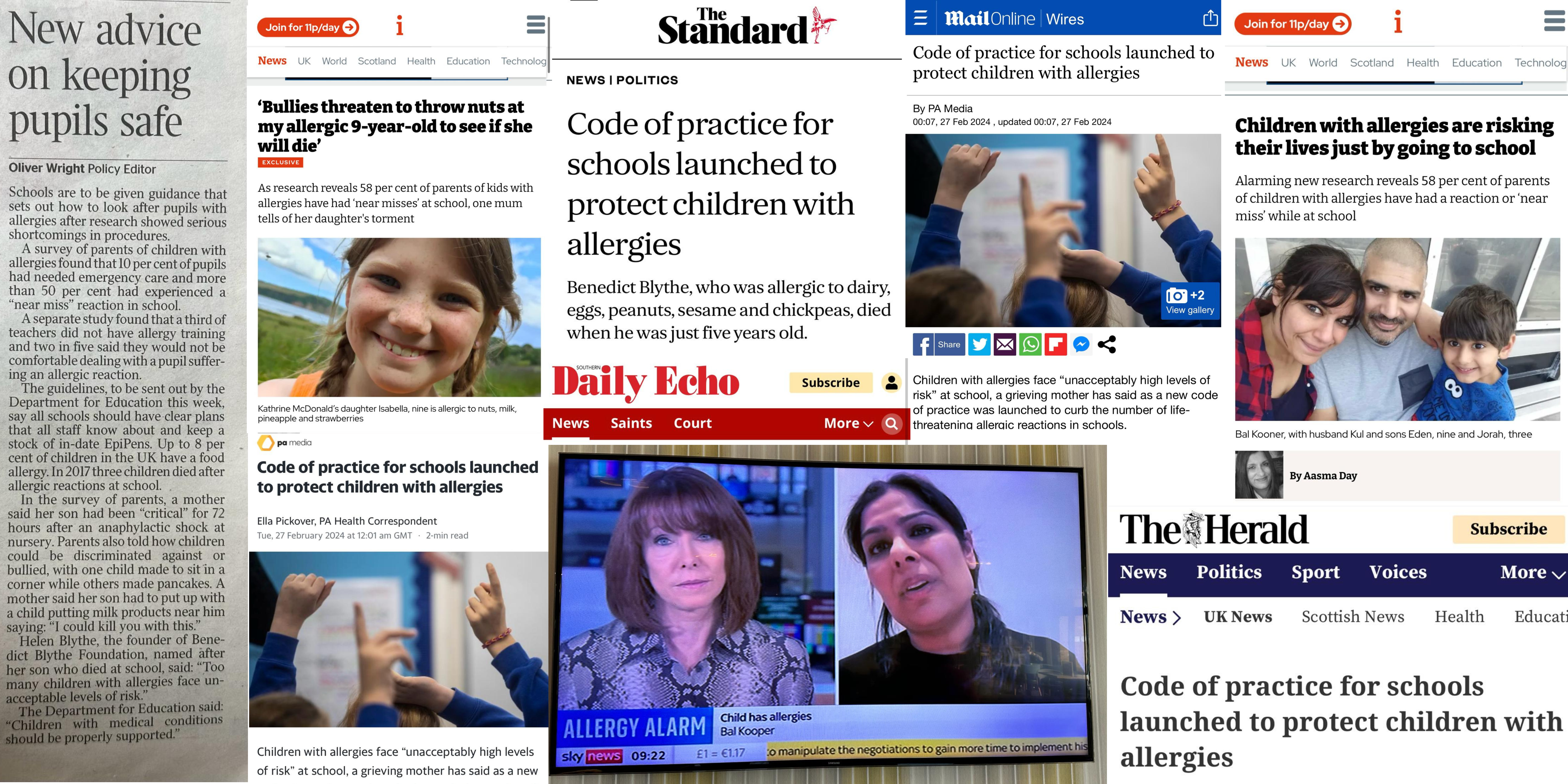 Montage of press clippings about the Schools Allergy Code