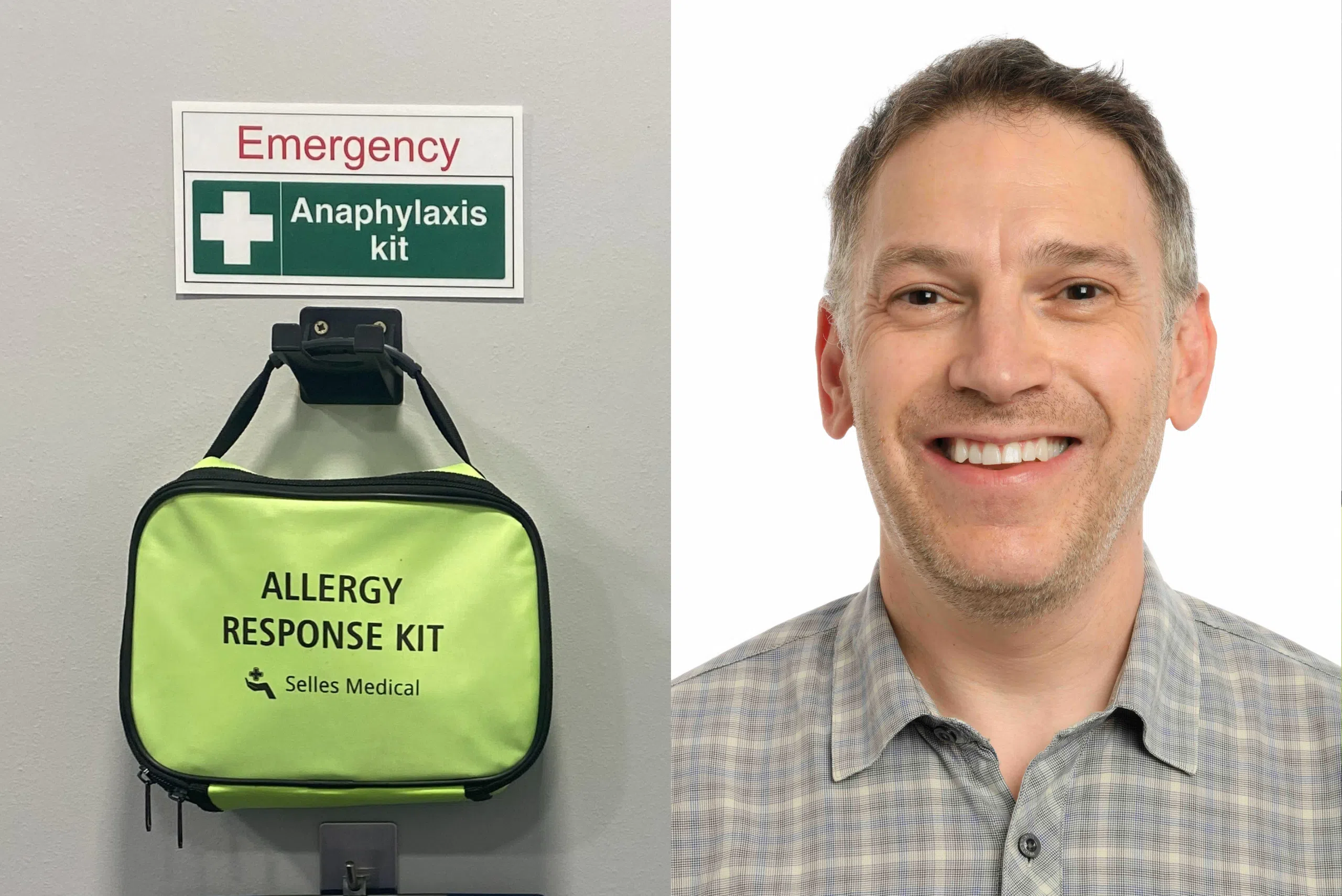 split screen photo. On one side is a picture of a neon emergency bag with a sign above saying Anaphylaxis kit, on the right hand side is a head and shoulders portrait photo of Dr Paul Turner.